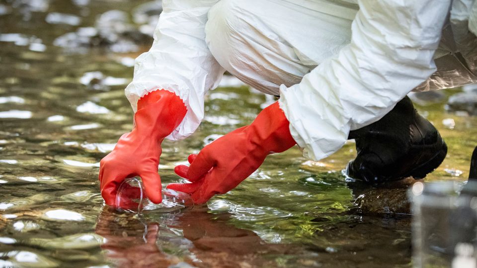 A scientist taking water samples from a river.