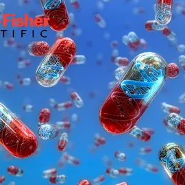 Floating capsules with DNA strands inside, symbolizing pharmacogenomics and personalized medicine