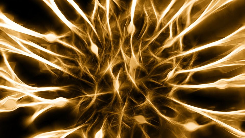Gold lights in the shape of neurons, branching out from a central cluster.