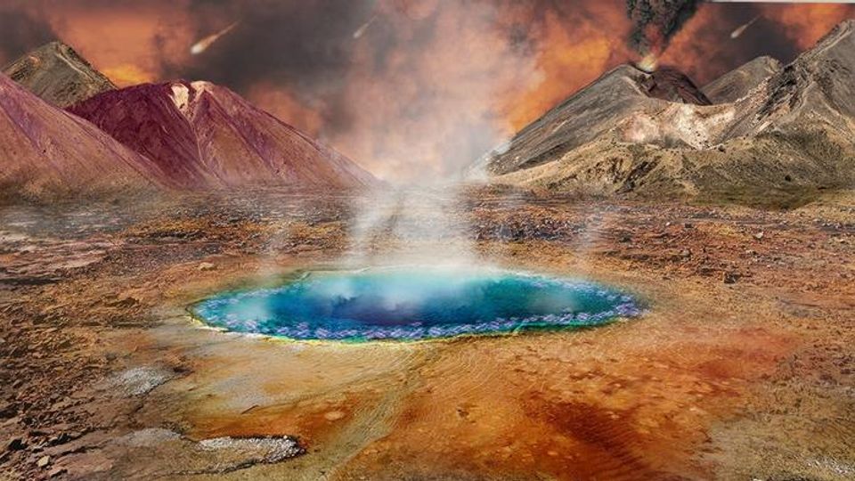 Conceptual illustration of terrestrial hot springs on early Earth.