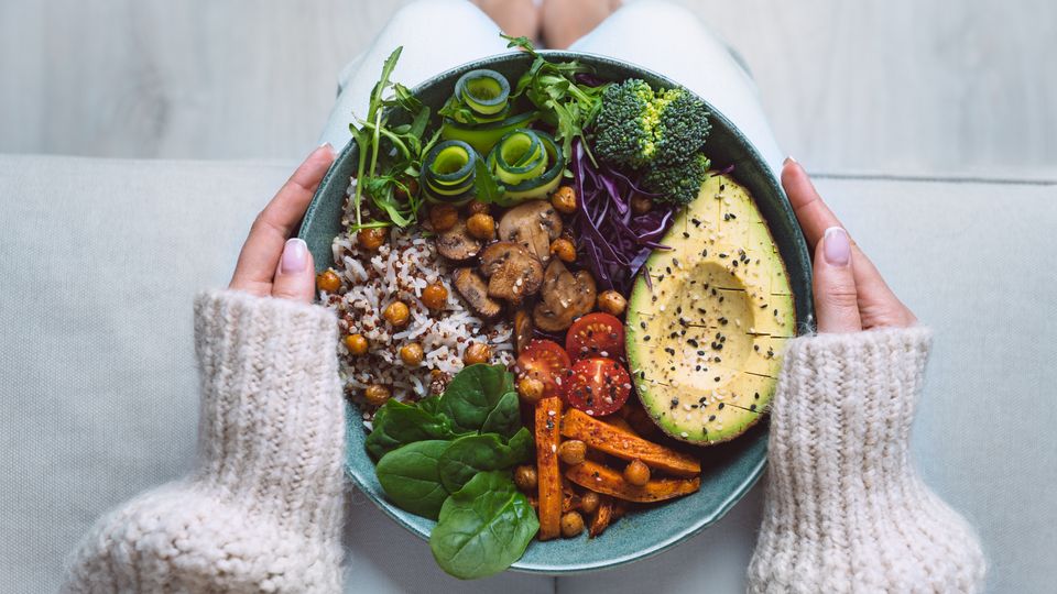 A bowl of plant based food.
