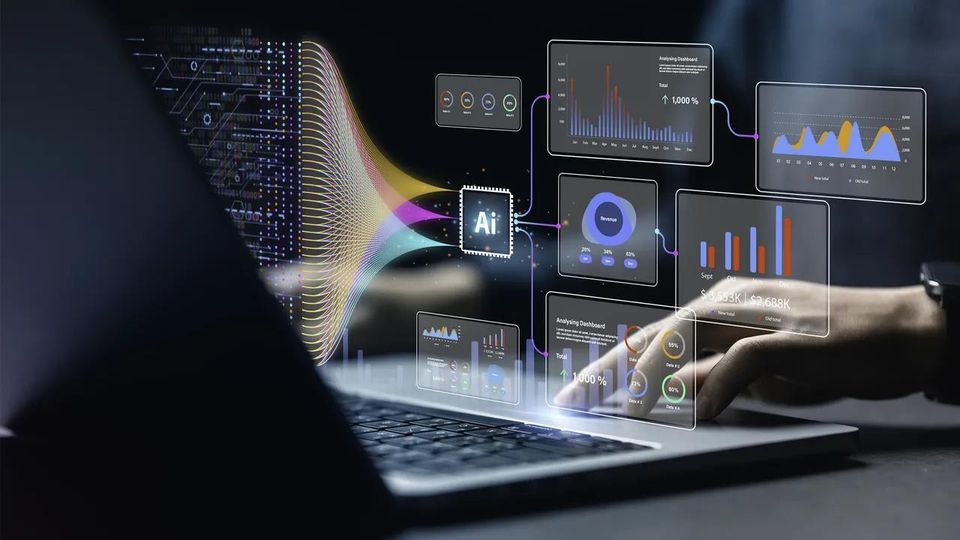 Person interacting with a laptop displaying AI-powered analytics dashboards and data visualizations
