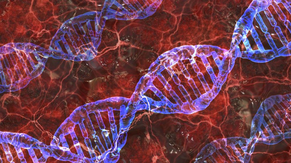 Blue DNA helix on red background