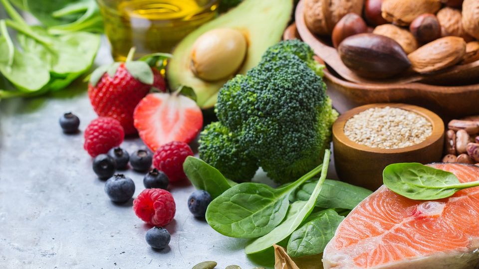 Healthy diet of vegetables, protein, fruit, grains and fats.