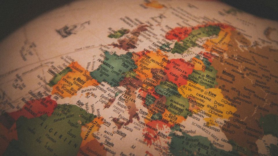 A map of Europe, with major cities labelled.