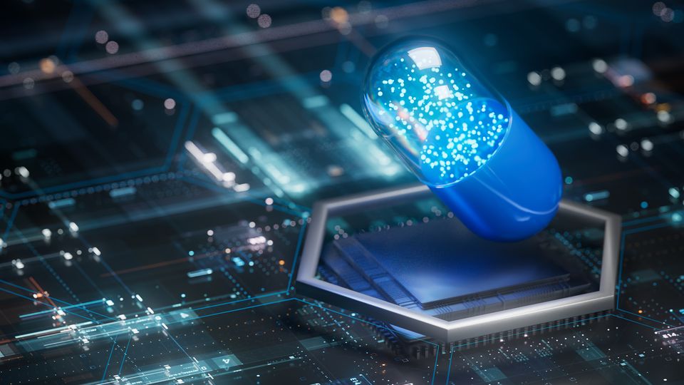 An illustration of a drug capsule on a computer chip.