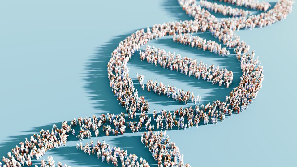 Groups of diverse people forming a DNA helix shape, symbolizing genetic diversity and unity.