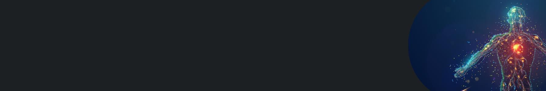 Abstract representation of a human body composed of glowing particles and lines, symbolizing advanced biomedical technology and human physiology. 