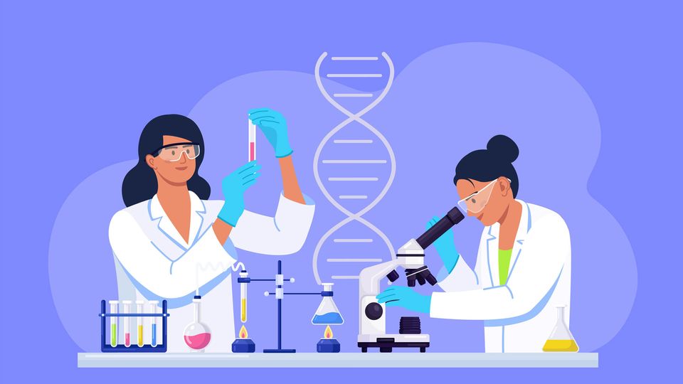 Illustration of scientists conducting experiments with DNA helix in background
