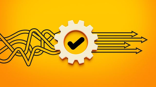 A gear with checkmark transforms tangled lines into straight arrows on yellow background. 