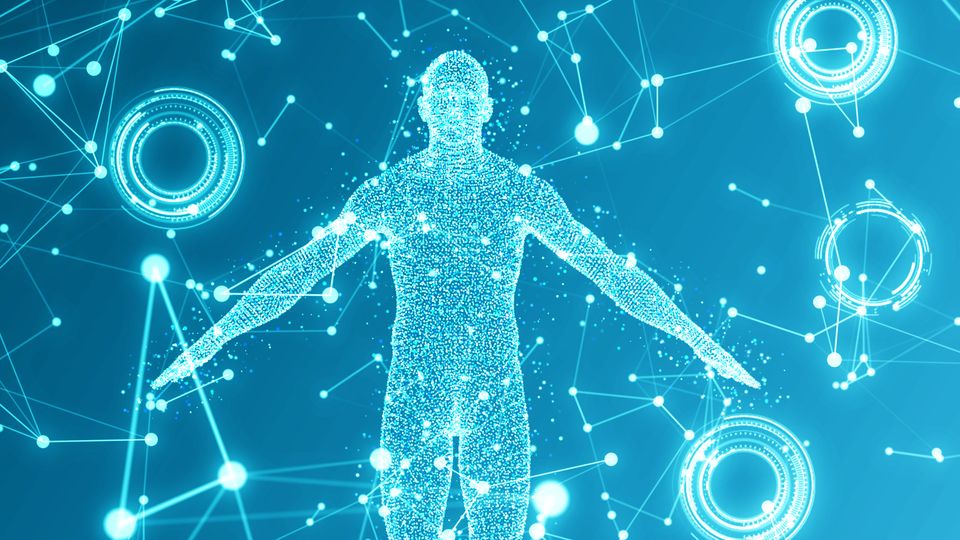 A digital human figure composed of glowing particles surrounded by neural network connections, representing AI in proteomics.