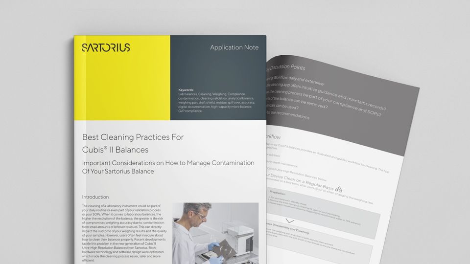 Cover for application note featuring guidelines on contamination management and laboratory balance maintenance