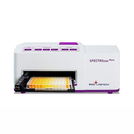 BMG LABTECH SPECTROstar Nano microplate reader with an open tray holding a 96-well plate for absorbance measurements 