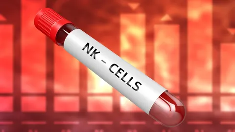 Test tube labeled NK cells with blood sample, representing natural killer cell analysis.