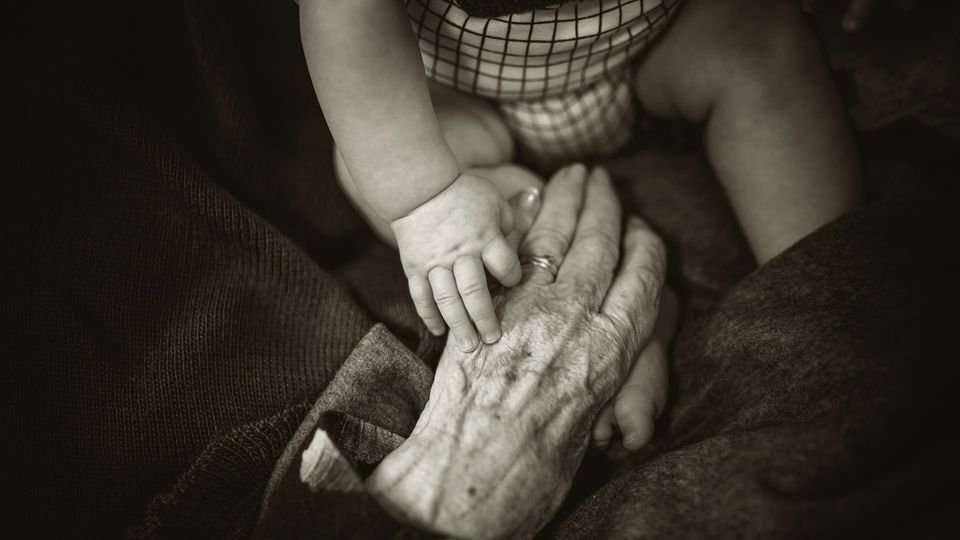 An old person's hand and a baby's hand.