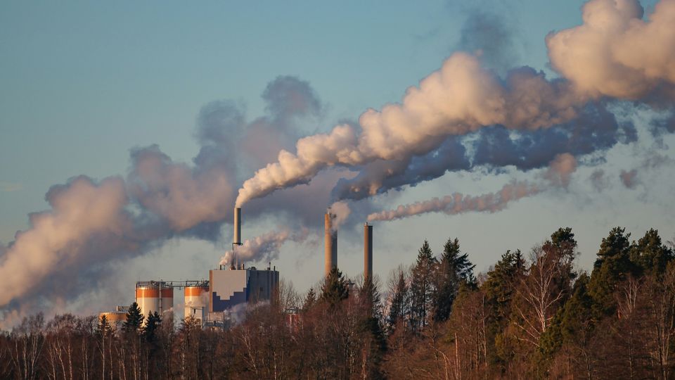 White clouds being emitted from factory smokestacks in Sweden.