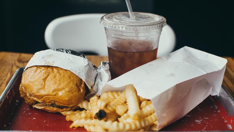 A tray of junk food.