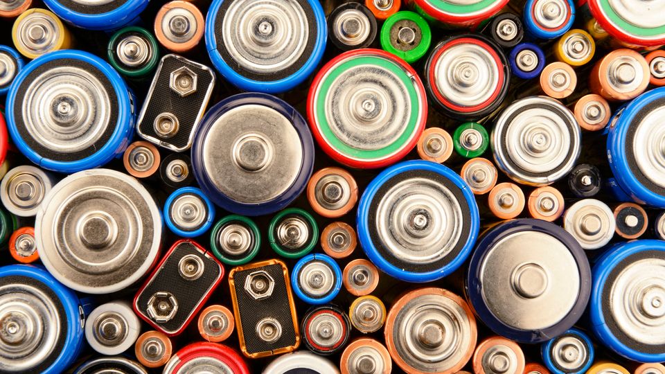 A top-down view of an assortment of batteries.