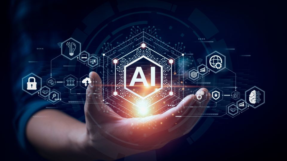 A picture of a person with their hand outstretched, an illustration of a digital AI icon floats above it 