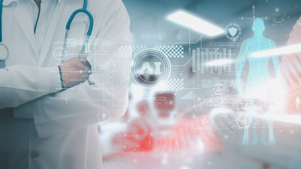 A doctor in a white coat with a stethoscope stands with arms crossed in a high-tech medical environment. Digital graphics overlay the image, featuring AI-related symbols, a human body outline, data visualizations and futuristic medical icons.