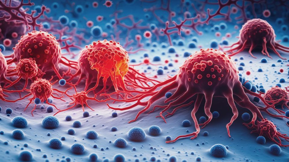 A group of cancer cells shown in red, the target of the newly developed CAR T-cell therapy.