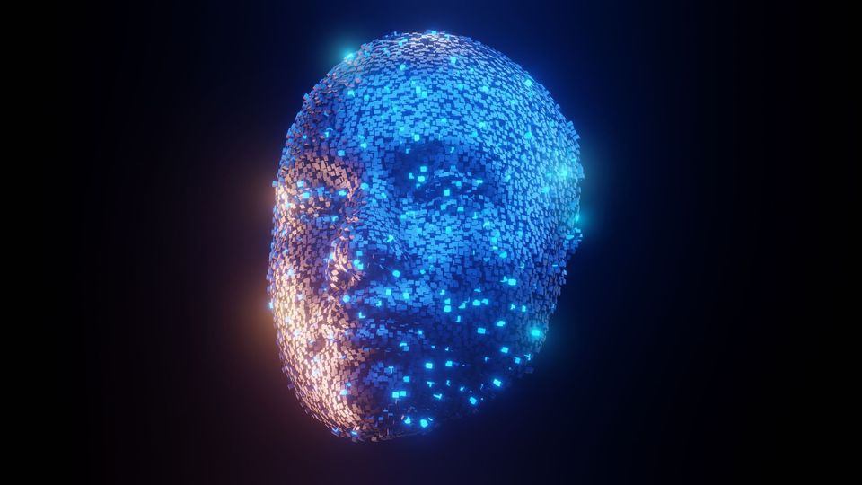 A digital 3D rendering of a human face composed of glowing blue and orange particles, representing artificial intelligence and brain-computer interface technology.
