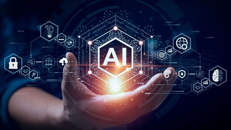 A glowing AI symbol surrounded by futuristic digital icons representing artificial intelligence, data security, cloud computing, and automation, hovering over an open human hand.