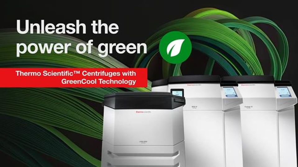 Thermo Scientific™ Centrifuges with GreenCool Technology shown with the slogan 