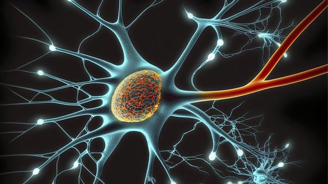 A neuron, with axons branching off and a large nucleus.