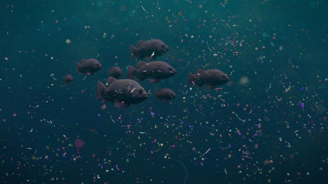 A school of fish swimming through some small plastic particles. 