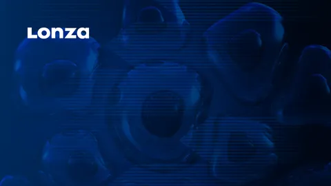 Abstract blue 3D shapes resembling biological cells under a digital overlay, symbolizing bioprocessing