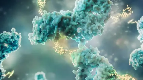3D illustration of antibody-drug conjugates (ADCs), showing blue antibody structures with yellow, branch-like drug molecules attached.