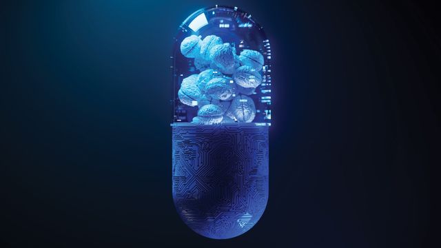 Futuristic digital capsule containing molecular structures, representing AI-powered drug discovery. 