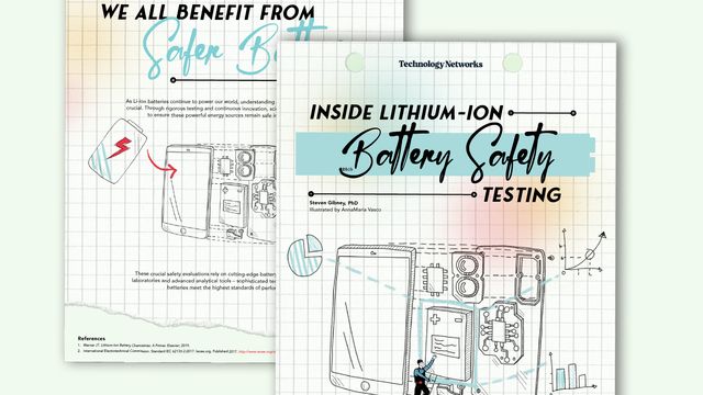 Illustrated infographic on lithium-ion battery safety testing, showing smartphone components and data charts. Titled: Inside Lithium-Ion Battery Safety Testing. 