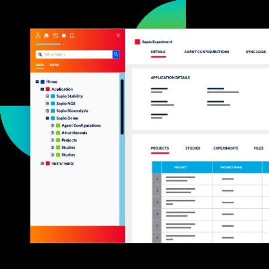 Software dashboard showing navigation menu and project details with tabs for details, configurations, and sync logs 
