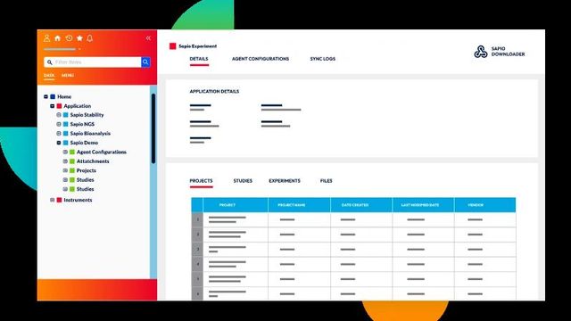 Software dashboard showing navigation menu and project details with tabs for details, configurations, and sync logs 