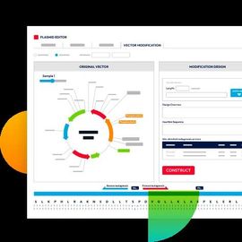 Plasmid editor interface showing original and modified vectors with design inputs and a DNA sequence at the bottom 