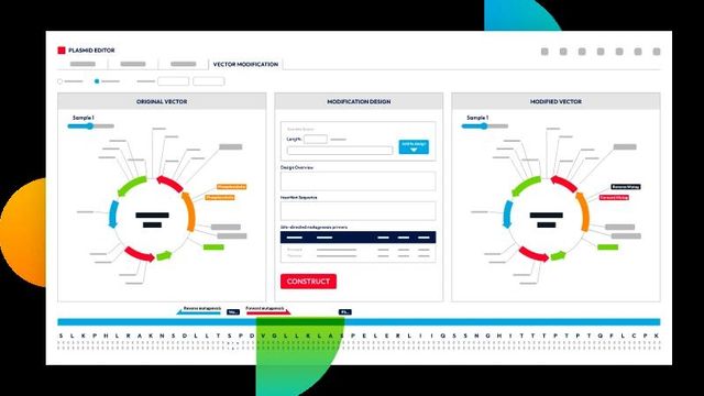 Plasmid editor interface showing original and modified vectors with design inputs and a DNA sequence at the bottom 