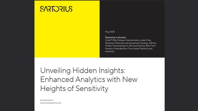 Cover page of Sartorius report titled "Unveiling Hidden Insights" with keywords on biosensors and binding kinetics 