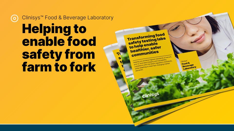 Clinisys Food & Beverage Laboratory guide promoting food safety testing from farm to fork