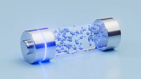 H2 Hydrogen Molecule Fuel Cell on a blue background