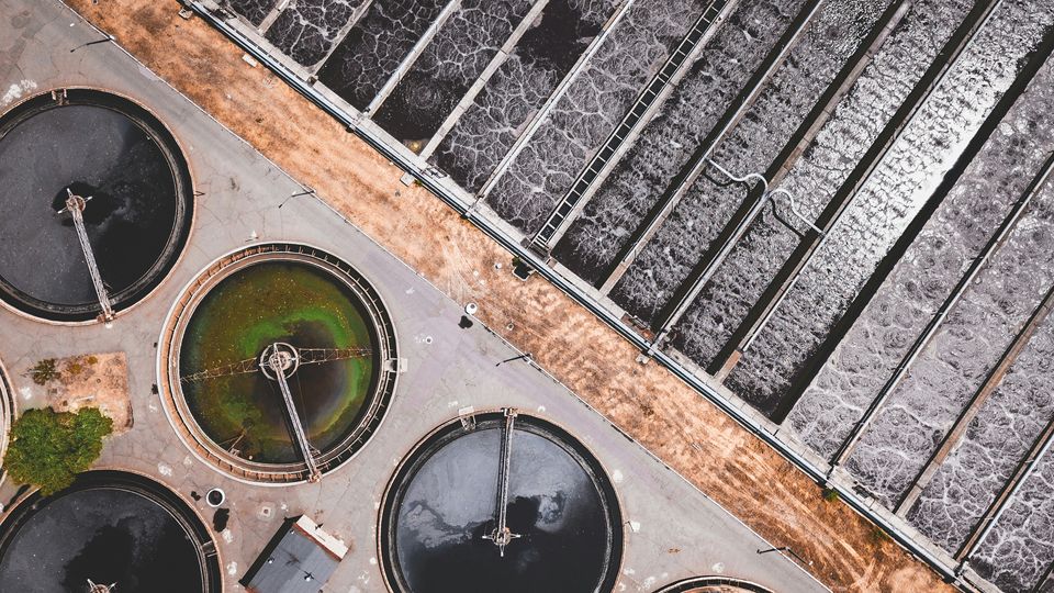 An aerial view of a water treatment plant.