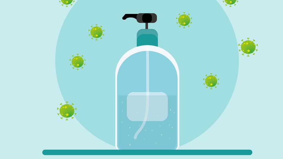 Illustration of disinfectant with bacteria/viruses around the bottle.