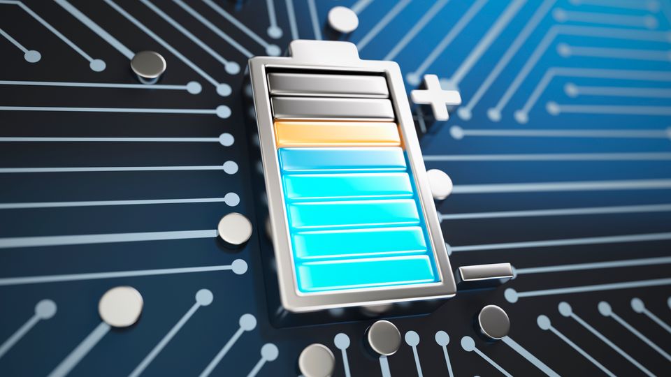 A digital illustration of a battery displaying its charge level, with silver wires and electrodes pointing towards it.