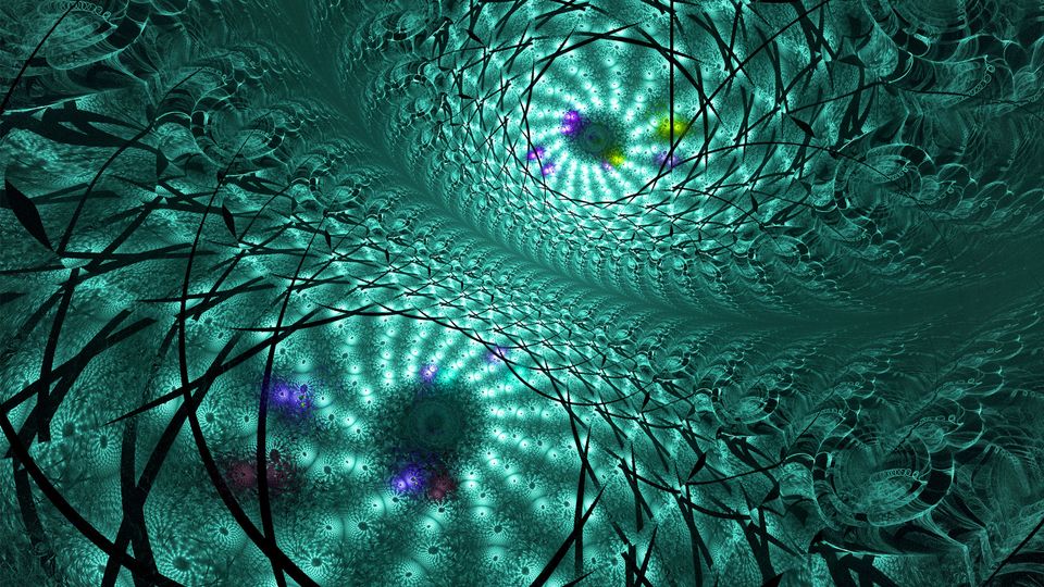Intricate teal fractal pattern with spiral shapes and vivid psychedelic accents in purple and yellow.