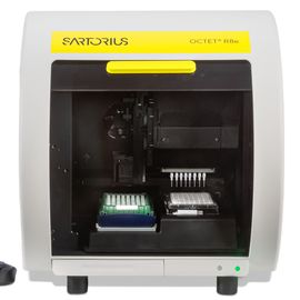 Sartorius Octet R8e biosensor system with open front chamber, 96-well plates, and computer displaying binding curves 