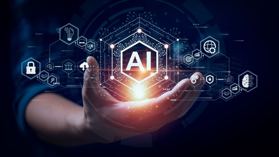 A man's outstretched hand, with a variety of AI-related icons floating above it.
