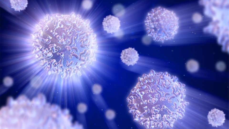 T cells floating on a blue background