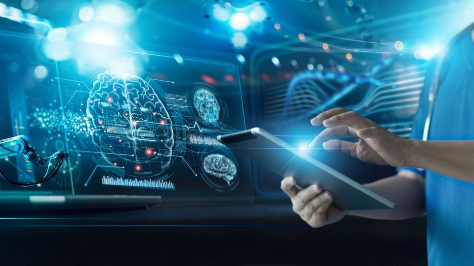 Health professional using a digital tablet to aid AI diagnosis