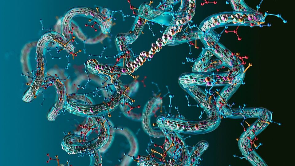 A digital illustration showing different protein structures floating in empty blue space.